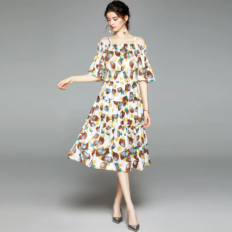 

JSXDHK, Новинка лета 2021, платье средней длины с открытыми плечами, модное женское платье с кокосовым принтом, сексуальное платье с воротником-л...