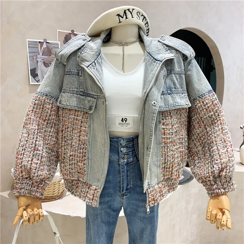 

Новая дизайнерская женская одежда, осень 2021, темпераментная твидовая джинсовая куртка с прострочкой, верхняя одежда из двух частей