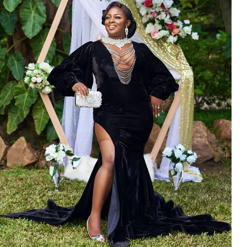 

Черные вечерние платья с Боковым Разрезом, с бусинами, с высоким воротом, бархатные платья русалки для выпускного вечера, Женская официальн...