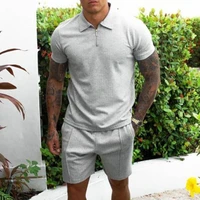 summer tracksuit solid color drawstring men short sleeve t shirt drawstring shorts for fitness