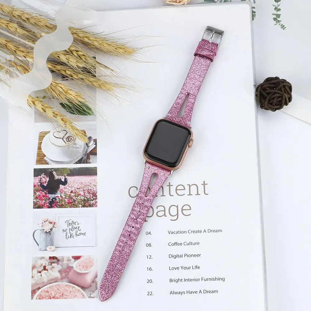 Ремешок из коровьей кожи для Apple Watch Band Series 5 4 3 2 1 блестящий браслет iWatch 40/44/38/42 мм