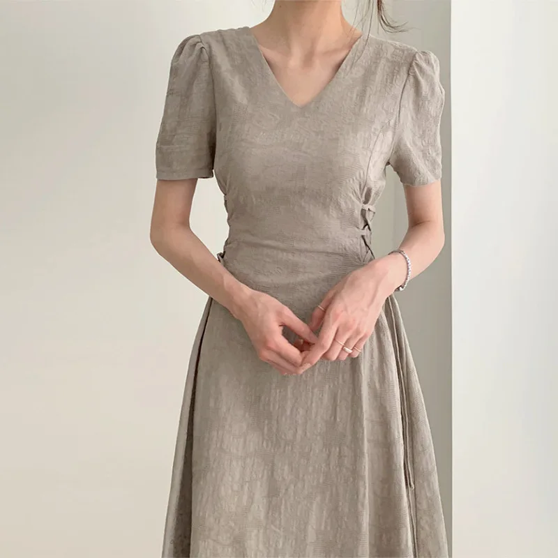 

Cotton Linen Women's Midi Dress For Office Ladies V-Neck Elegant Bandage Short Sleeve Dresses Female 2021 Summer Solid Vestidos
