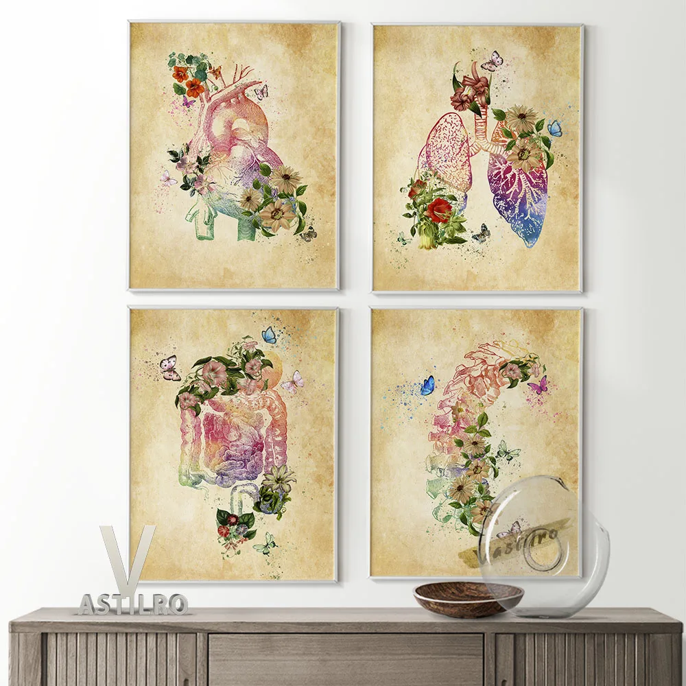 

Human Anatomy Flowers Clipart Art Prints Vintage Poster Anthropotomy Visceral Organ Heart Lung Intestines Vertebral Column Decor