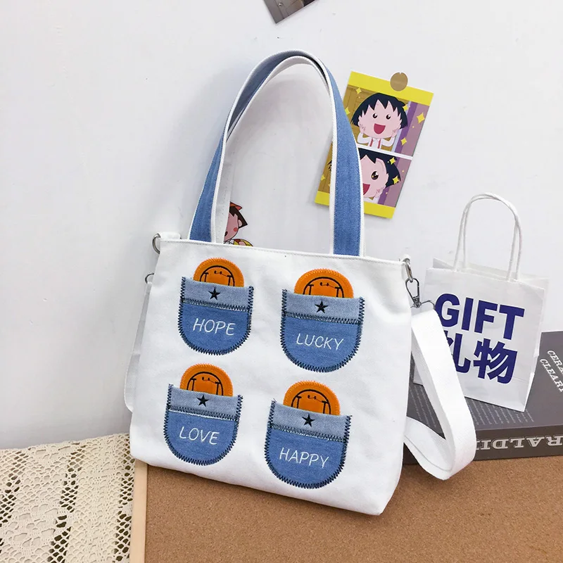 

Canvas Tote Bag Women Shopper Bag Luxury Designer Handbag 2021 High Quality Fashion Cartoon Smiley Color Contrast Crossbody Bags