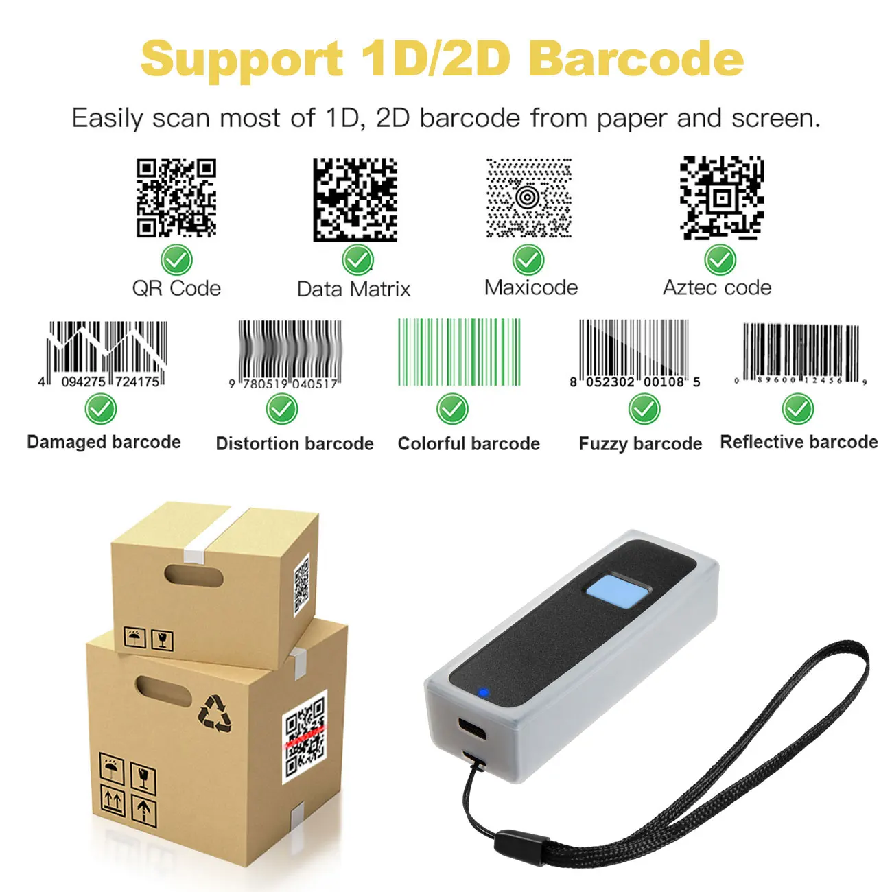 Беспроводной Bluetooth мини-сканер штрих-кодов Holyhah M2 CCD 2 4G для чтения табака 1D 2D QR PDF417