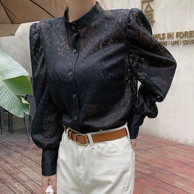 

HziriP Retro Puff Sleeve Women Shirts Elegant Lace Tops Stand 2021 Bottom Fashion Chic High Waist Streetwear Sexy Slim Casual