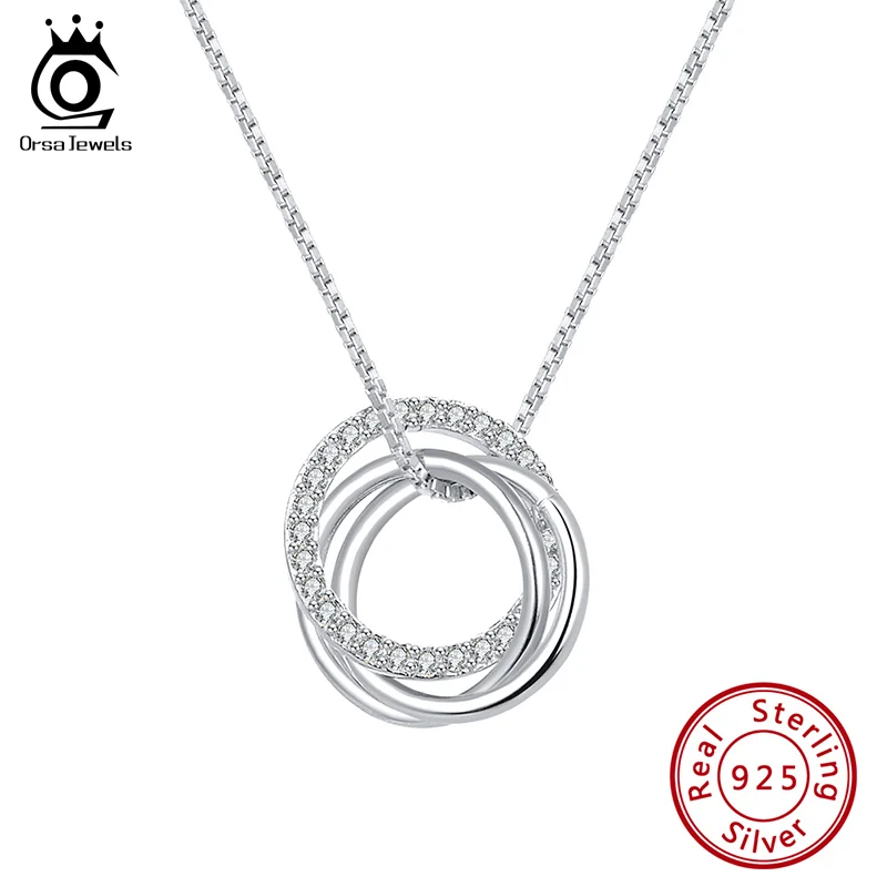 ORSA JEWELS, ожерелье с подвеской из чистого 925 пробы серебра для женщин, прозрачный AAAA циркон, комбинированный круг, модные вечерние ювелирные изделия в подарок SN175