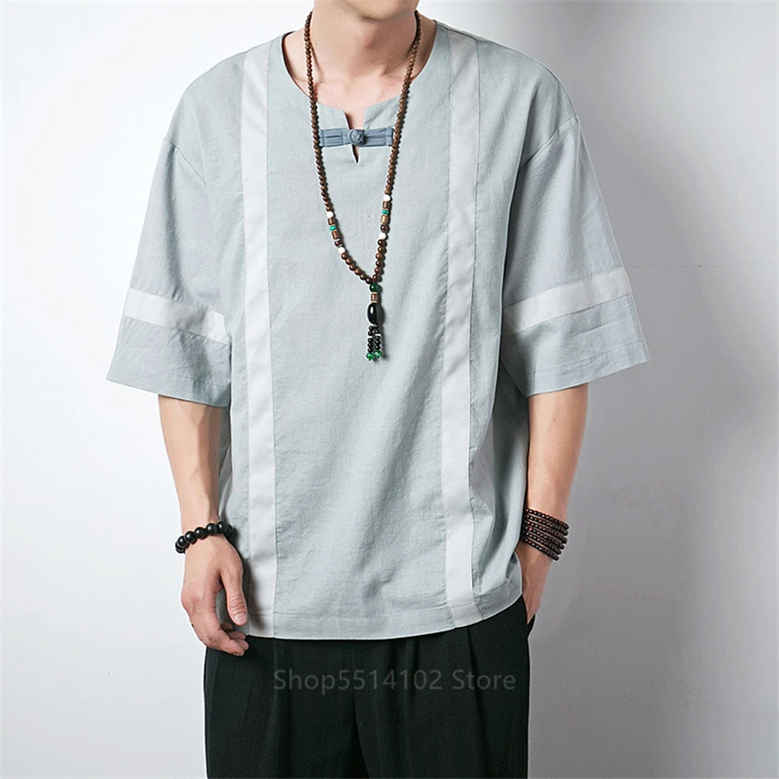 Китайский топ винтажная рубашка из хлопка и льна с коротким рукавом женская