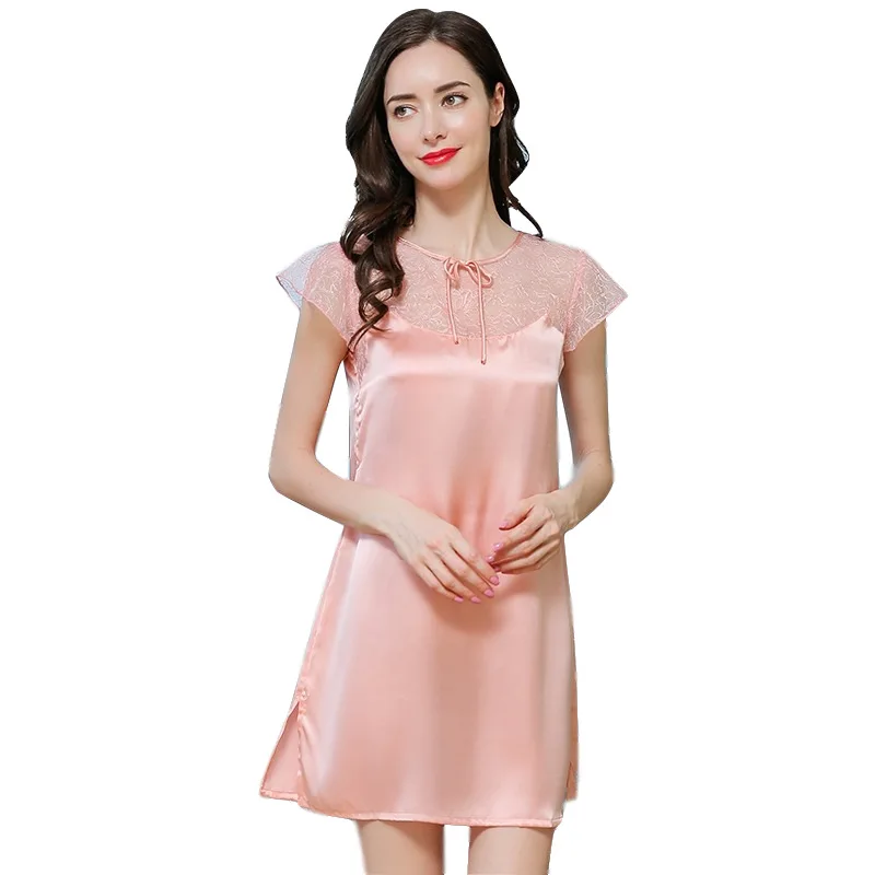 

100% Mulberry Silk Pajamas Nightdress Fashion Women Summer Thin Silk Home Service Dress