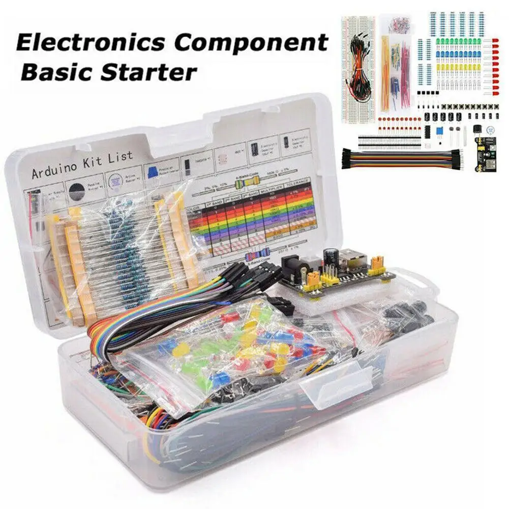 

Electronics Component Basic Starter Kit with 830 Tie-points Breadboard Cable Resistor Capacitor LED Potentiometer Box Packing