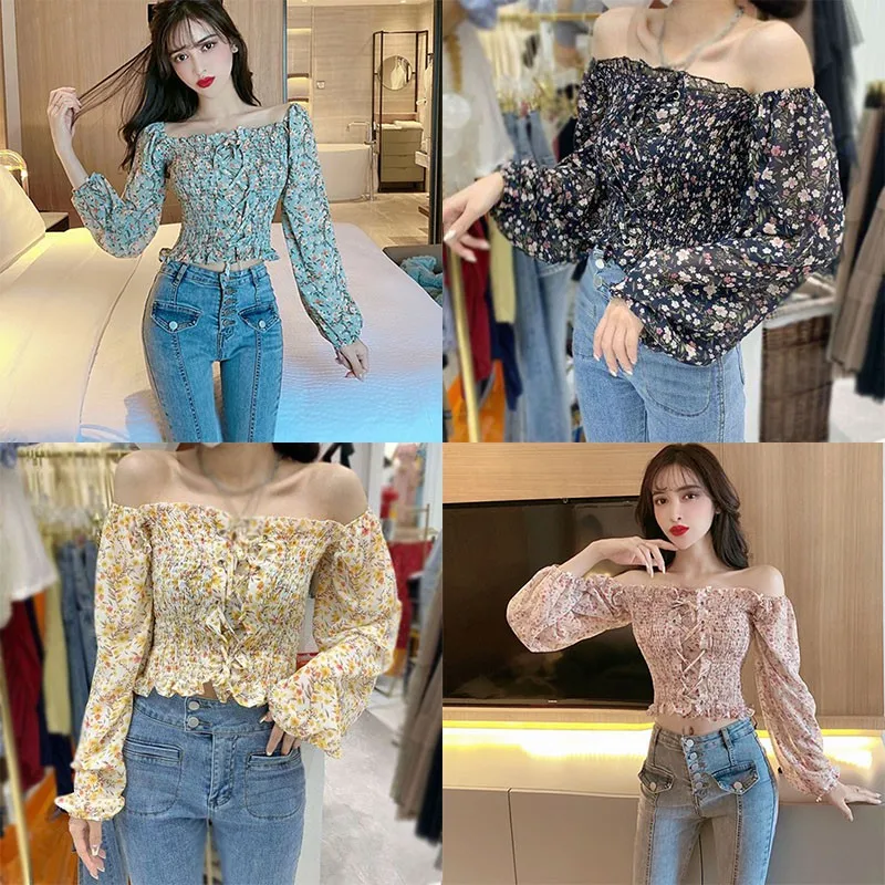 

Small Fresh Floral Print Slash Neck Top and Blouse Sweet Pleated Puff Sleeve Long Sleeve Chiffon ShirtKorean Clothes New