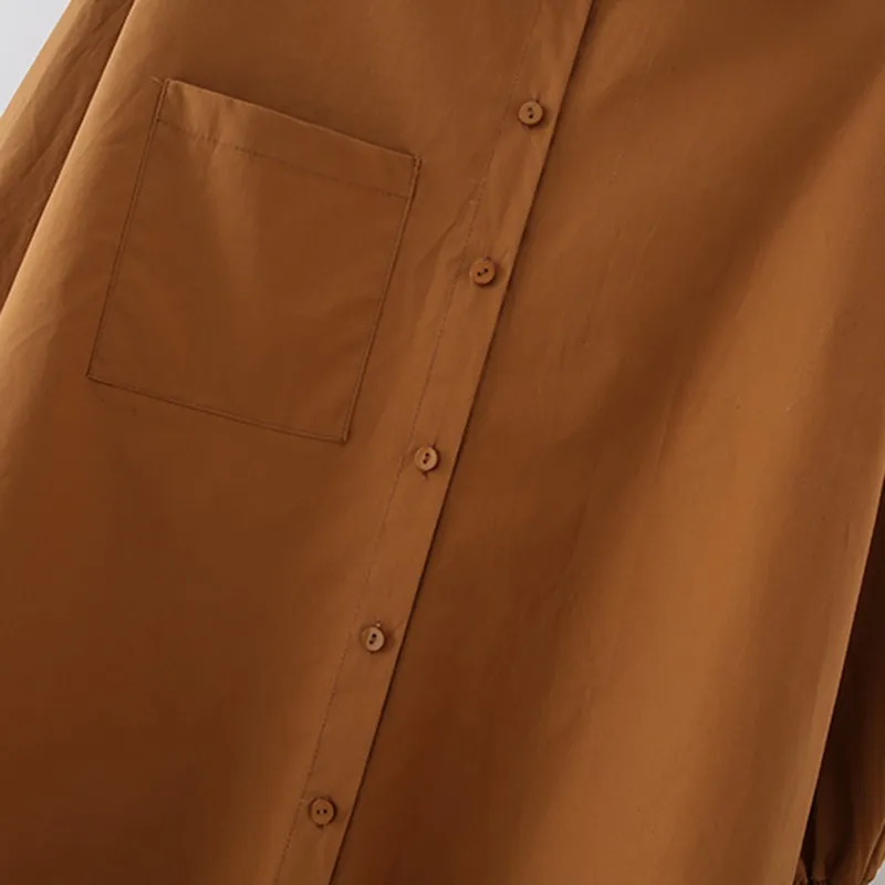 

Alldoke Brown Pocket Oversized Casual Shirts Women Spring 2021 Vintage Turn-down Long Sleeve Open Stitch Shirt Mujer Camisa