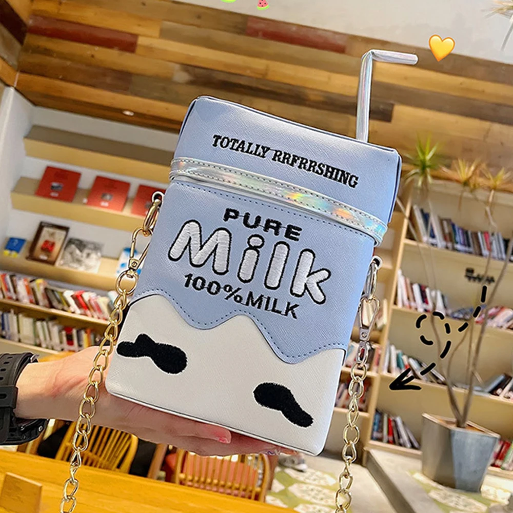 

Harajuku Milk Box Crossbody Bags for Women Cute Straw Drink Shoulder Bag Embroidery Chains Funny Purse for Girls 2021 INS Clutch