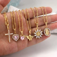flatfoosie multi layer heart flowers crystal pendant necklace for women golden cross portrait long chain necklaces boho jewelry