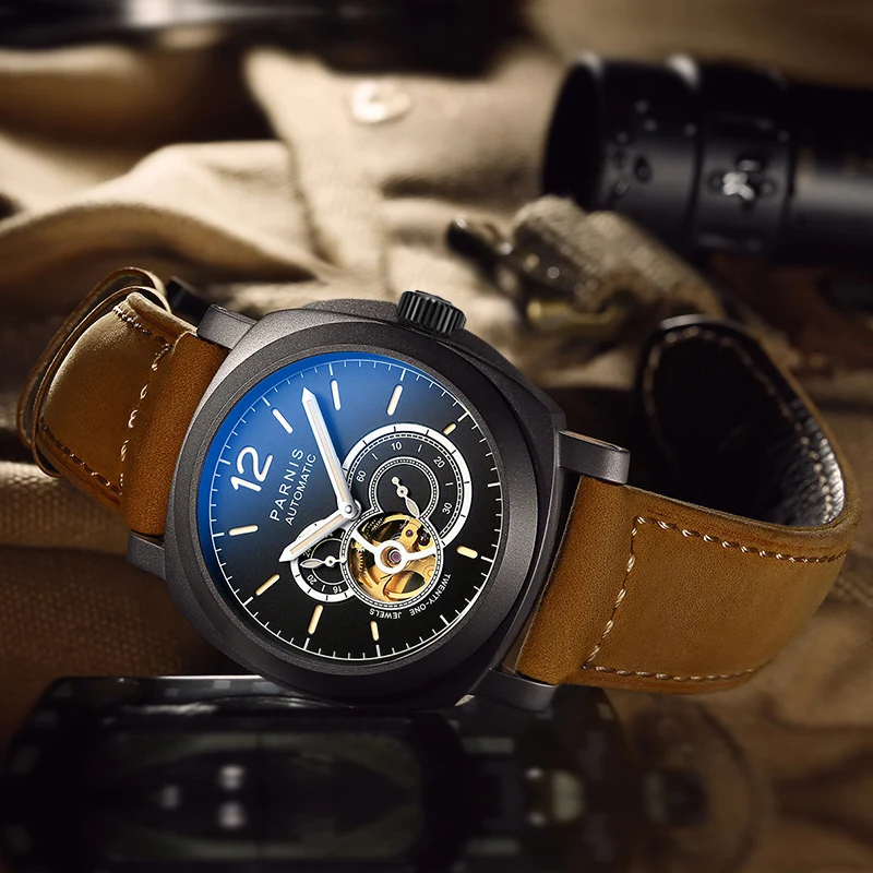 Parnis 44 мм серебристый чехол Мужские автоматические механические часы со скелетом