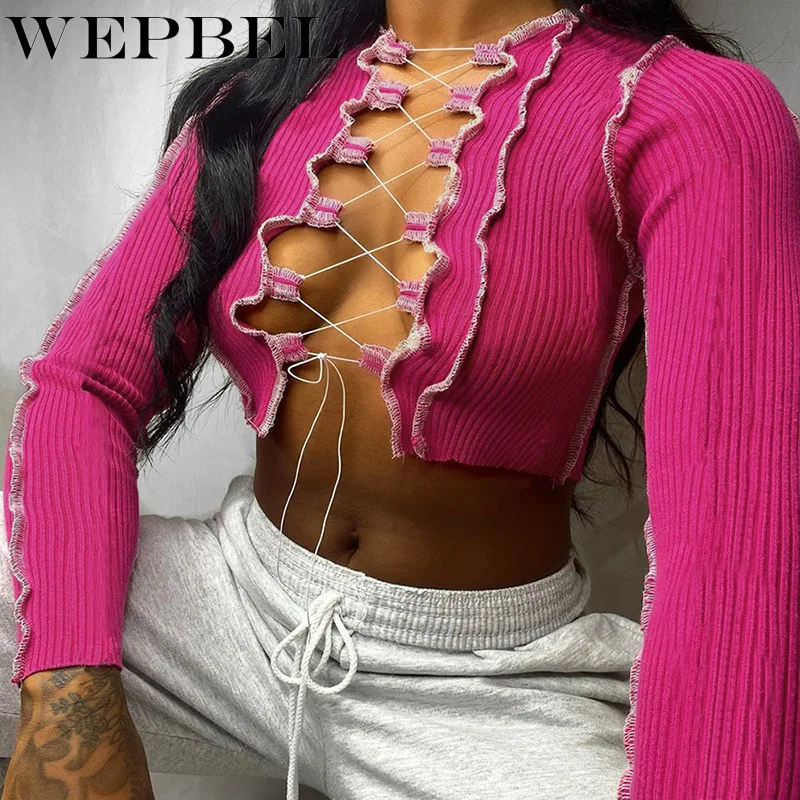 

WEPBEL Women Autumn New Fashion Sexy Patchwork T-shirt Top Casual Long Sleeve O Neck Hollow Out Slim Fit Irregular Shirt