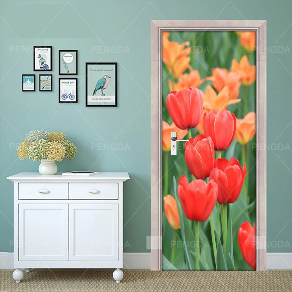

Наклейка на дверь «сделай сам», самоклеящаяся наклейка с цветком тюльпана, домашнее украшение, бумага на дерево для гостиной, ПВХ, водостойк...