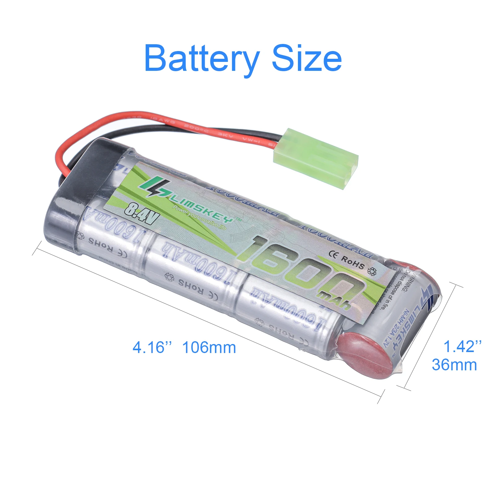 

Limskey 7S 2/3A 8.4V 1600mAh NiMH Flat Battery Pack with Mini Tamiya Connector for Airsoft Guns MP5, Scar, M249, M240B, M60, G36