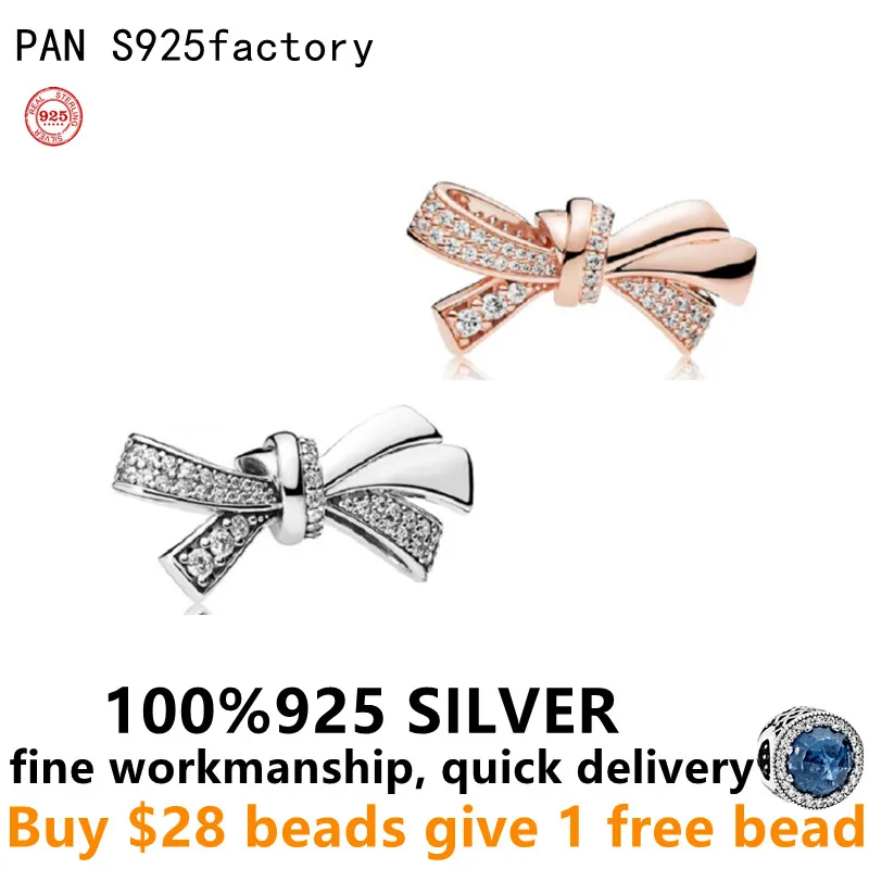 

Free Delivery 925 Sterling Silver Pando original diy bead rose gold Charm Snake chain bow Suitable for this bracelet