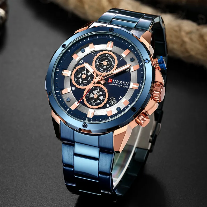 Часы CURREN Мужские с хронографом спортивные брендовые роскошные стальные наручные