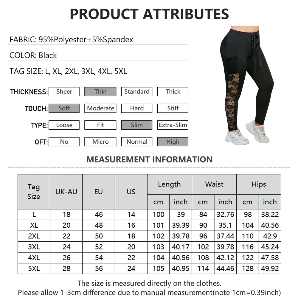 Women Plus Size Leggings Workout 5Xl Cotton Elastic Drawstring Casual Black Lace Up Waist Lace Hollow Out Leggings Stretch Pant
