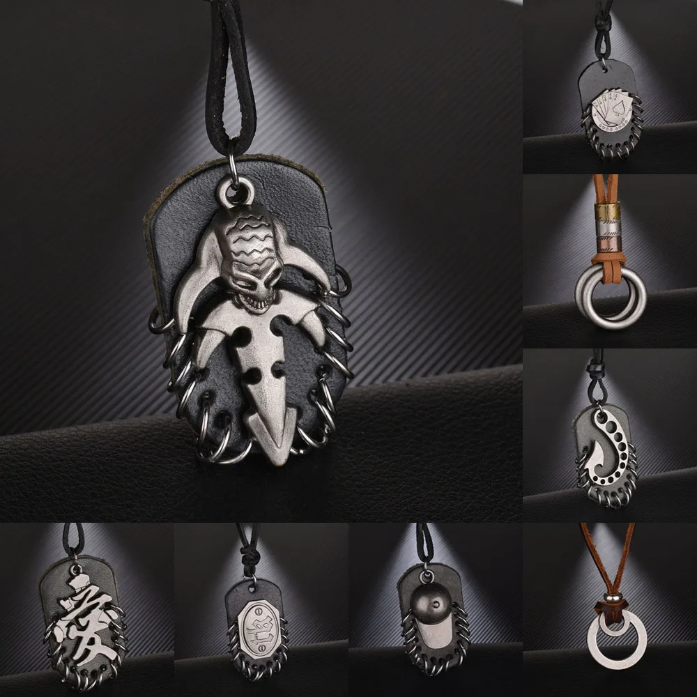 

Boho Vintage Leather Stainless Steel Pendant Necklace Adjustable Drawstring RetroBrown Black Rope Chain Necklaces for Women Men