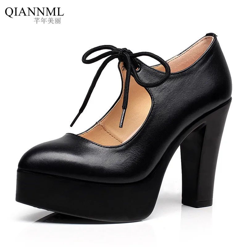 Туфли-лодочки женские из натуральной кожи, на высоком каблуке, на шнуровке, черные, весна размера плюс, 34-43