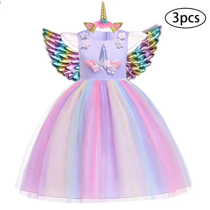 New Girls Dress 3pcs Kids Dresses For Girl Unicorn Party Christmas Carnival Costume Child Princess 3 5 6 8 9 10 Year | Детская одежда и