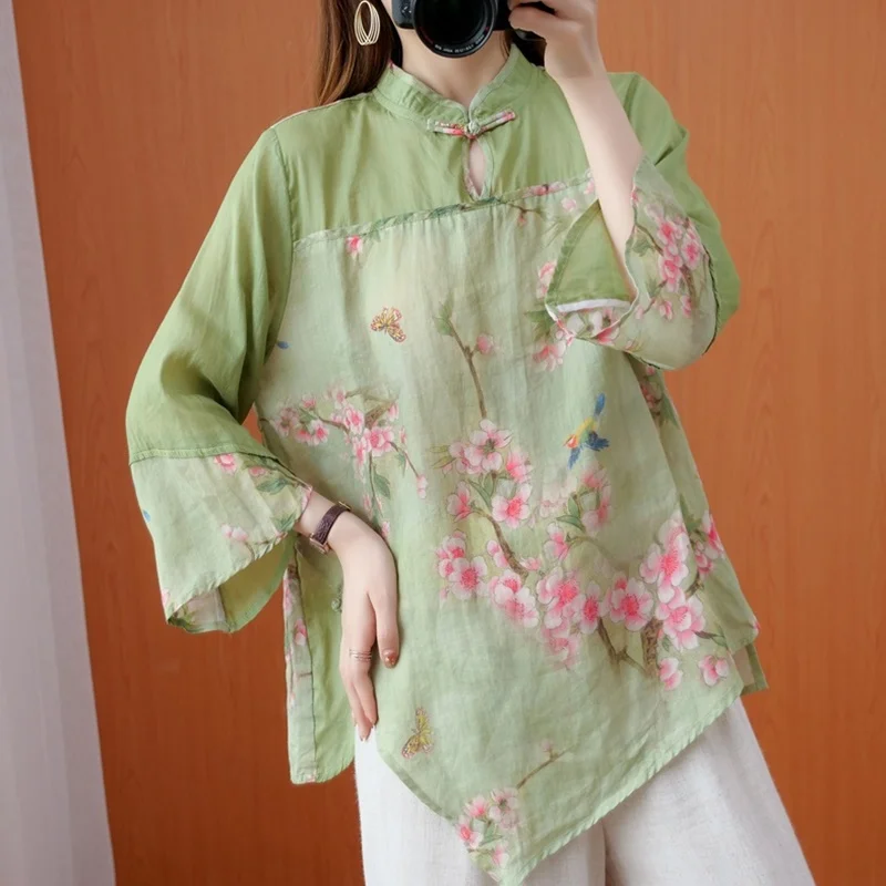 

Chinese Style Clothing Women Shirts Stand Collar Casual Blouses 2021 Summer New Loose Vintage Tops Brief Irregular Shirt FF3172