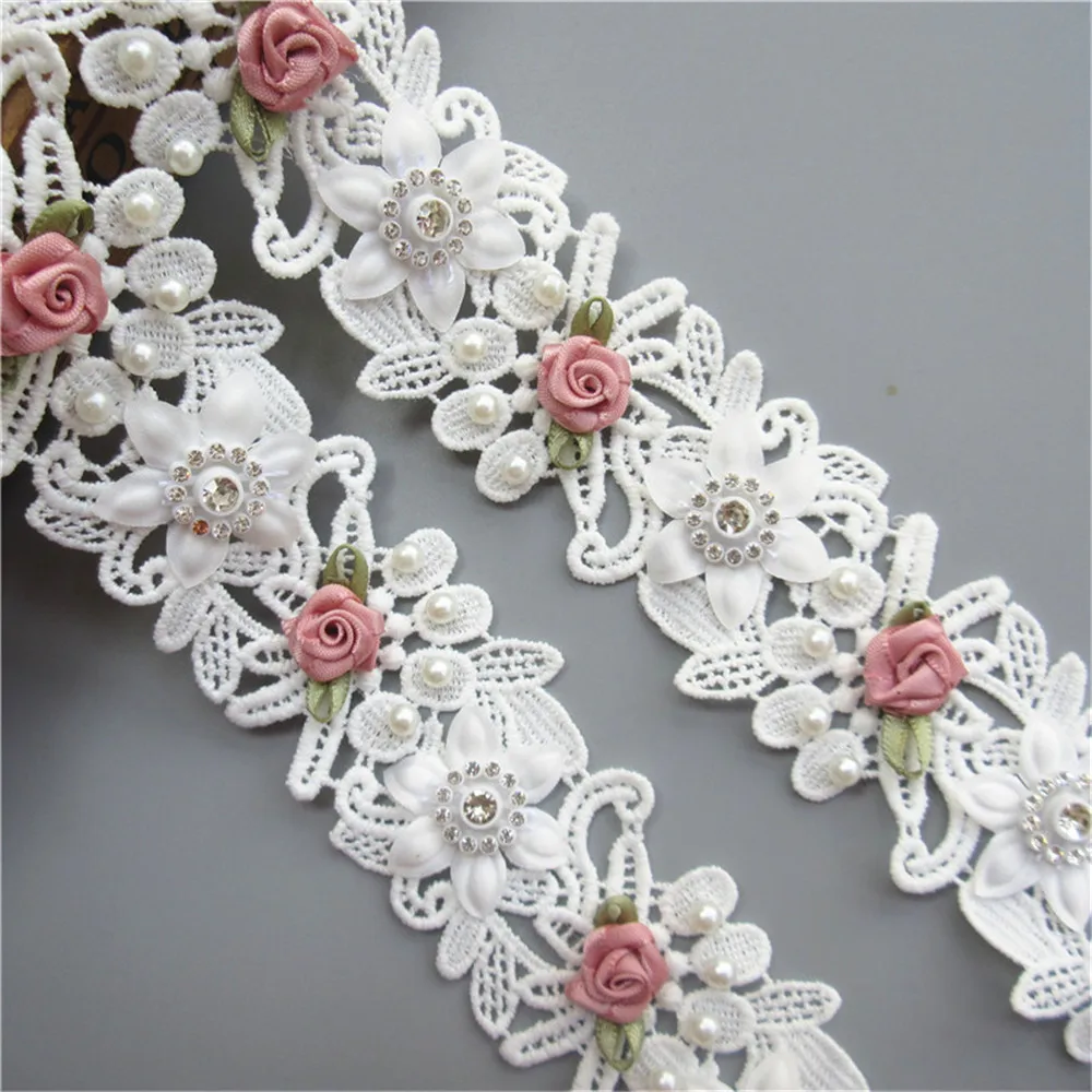 1 ярд 4 см белый бриллиант жемчужная кружевная отделка розовая роза вышитая лента