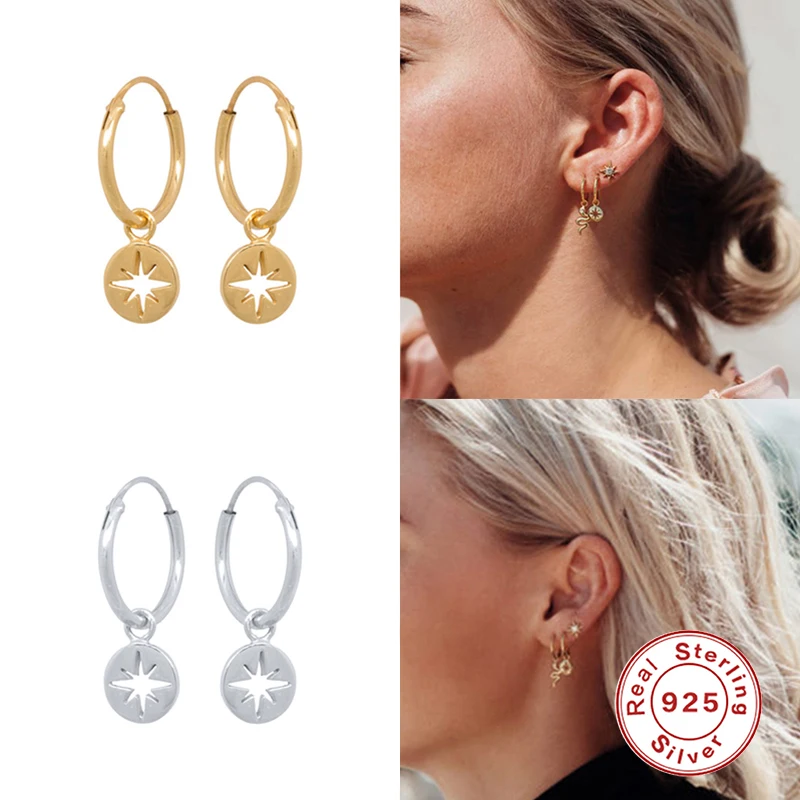 

Aide Luxury Real 100% 925 Sterling Silver Round Hollow Coin Pendant Hanging Hoop Earrings for Women Punk Fine Jewelry Gift