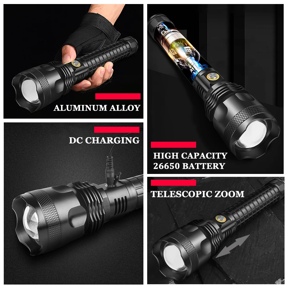 Фонарь Glare LED с аккумулятором XHP70.2 и 3 режимами работы, водонепроницаемый, с функцией зума и использованием батареи 26650.