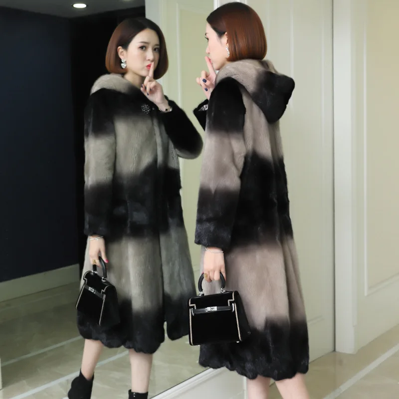 

High-end Imitation Mink Fur Coat Winter Women's Fur Collar Hooded Thick Warm Fur Jacket Fashion Segment Dyeing Long Overcoat