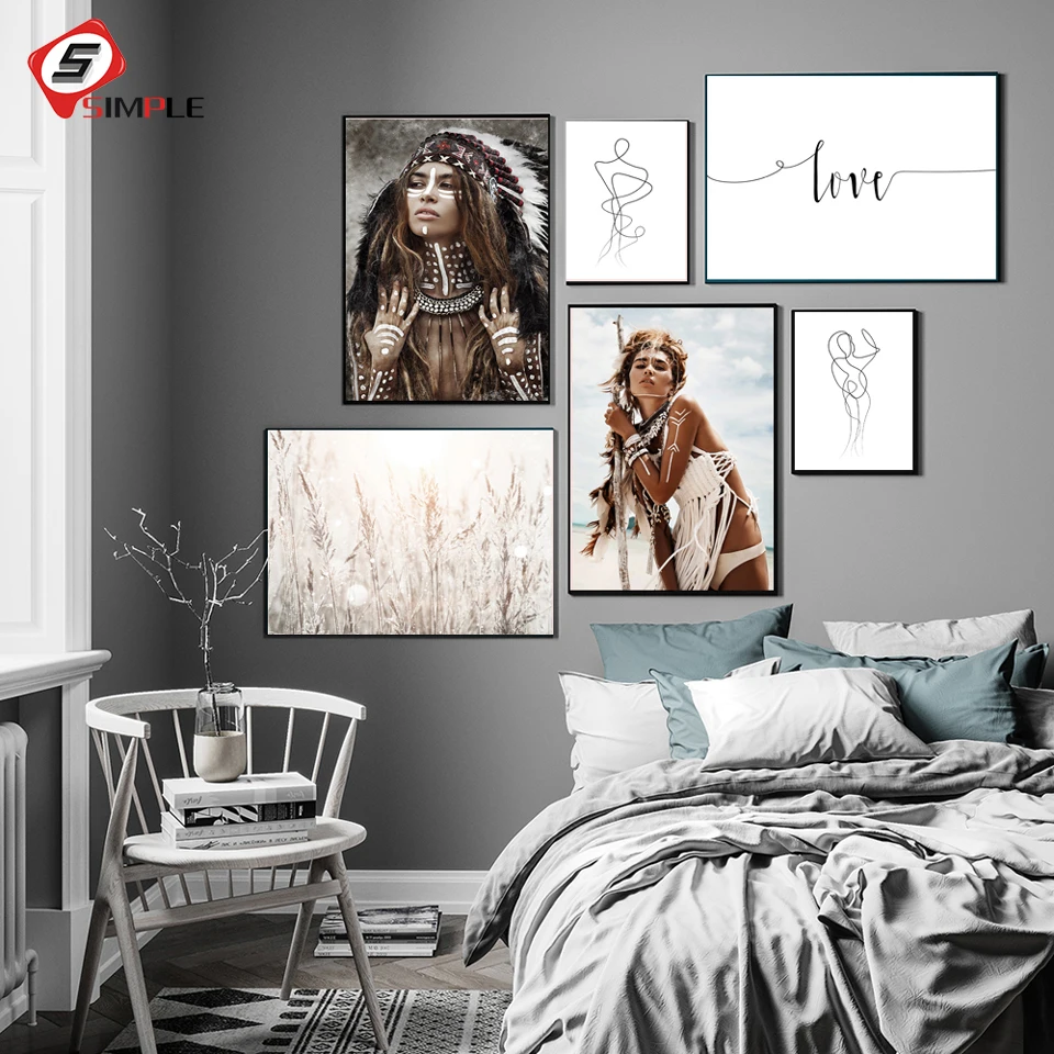 Дикая Бохо Женская трава тростник постер скандинавский холст настенное