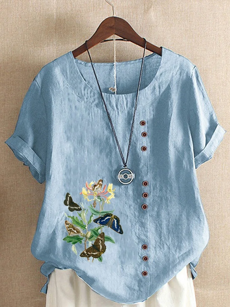 

Women's Fashion Summer Butterfly Print Round Neck T-shirt Casual Loose Solid Color Shirt Short sleeve Plus Size Top