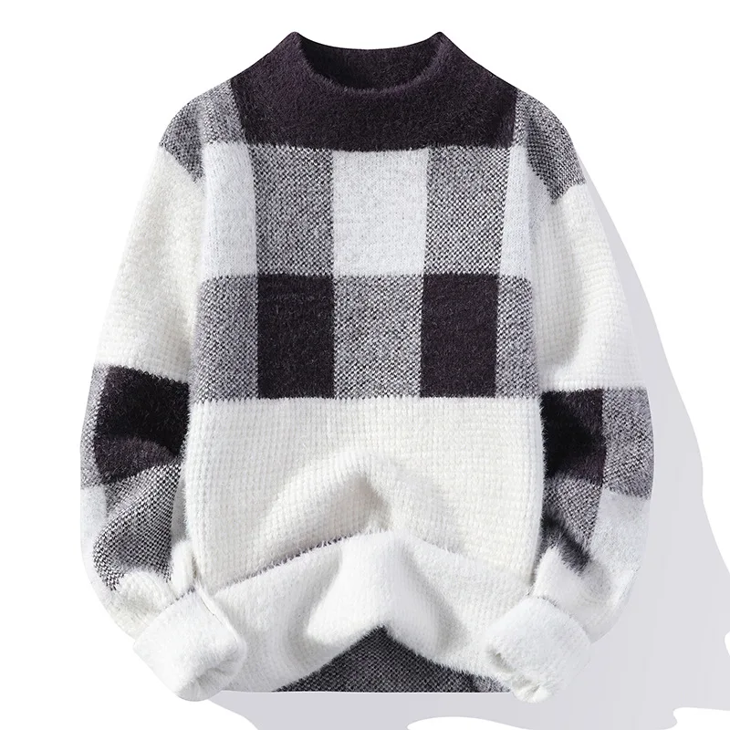 

Новинка Осень-зима 2021 золотистый норковый мужской свитер с коротким воротником модный клетчатый норковый флисовый свитер