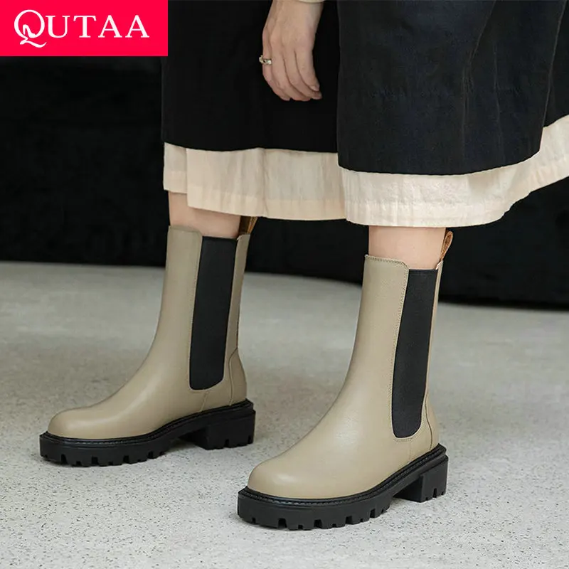 

QUTAA 2022 Women Boots Retro Round Toe Autumn Winter Mid Calf Boots Square Med Heel Cow Leather Slip On Short Boots Size 34-39