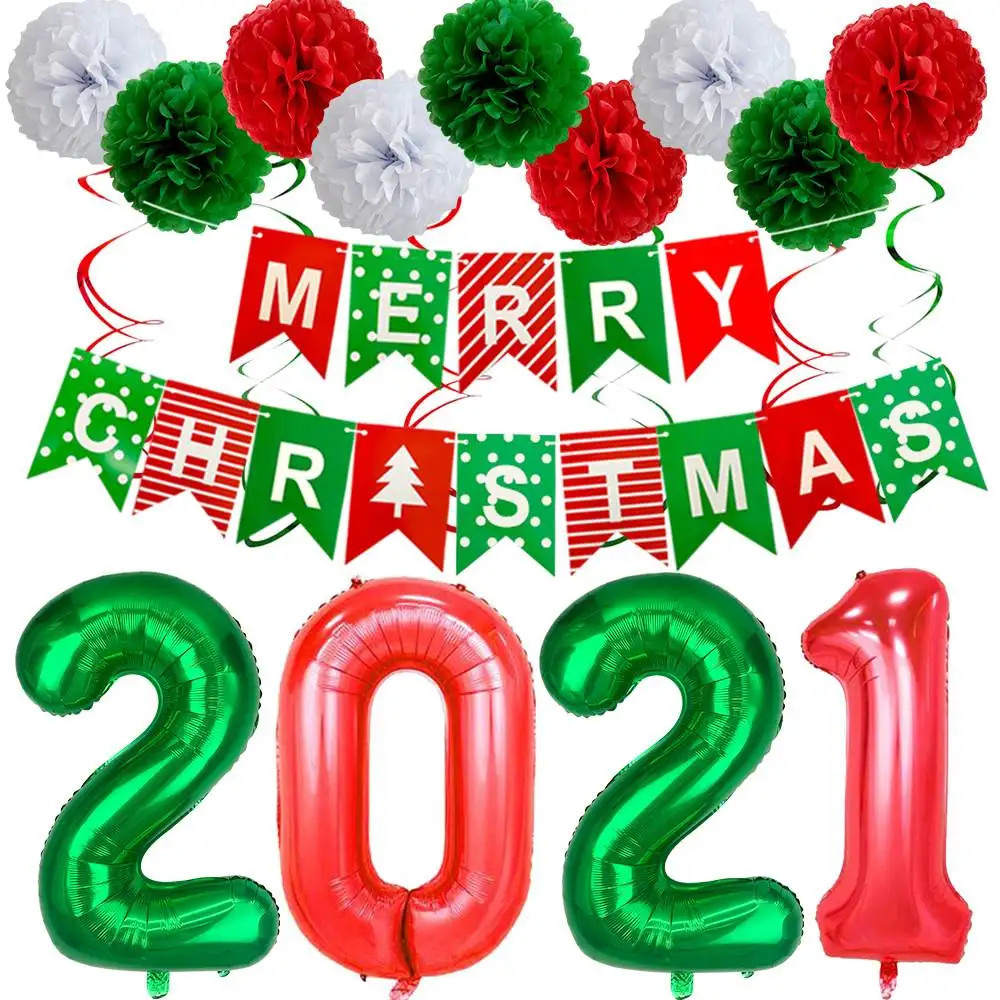 

2021 Merry Christmas Number Foil Balloons Set Banner Paper Pompoms Party Decoration 8 Inches Gold+Black/Red+Green