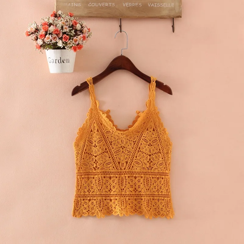 Женский пляжный кружевной жилет однотонный ажурный топ с V образным вырезом
