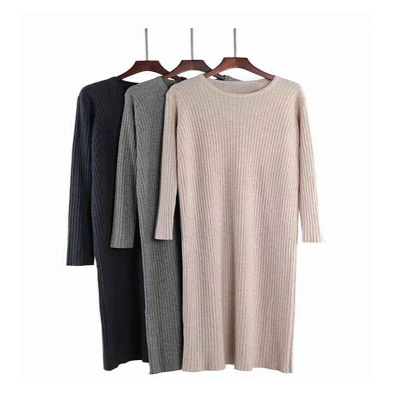 

Autumn Winter Oversized Long Straight Dress Women Knit Maxi Dress O Neck Knit Ribbed Basic Midi Pullover Sweater Dresses PP-521