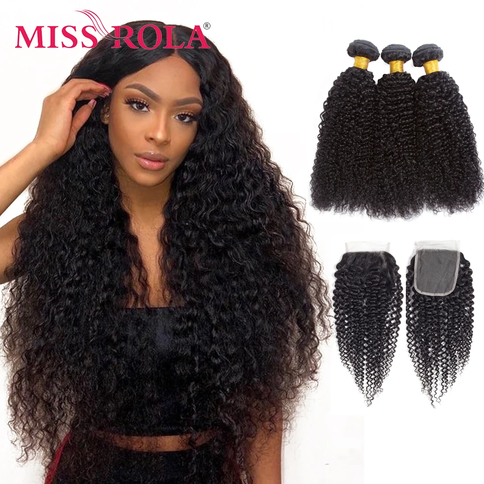 

Miss Rola Brazilian Hair Bundles With Closure Kinky Curly 3 Bundles With 4*4 Closure 100% Human Hair Remy Hair Extensions