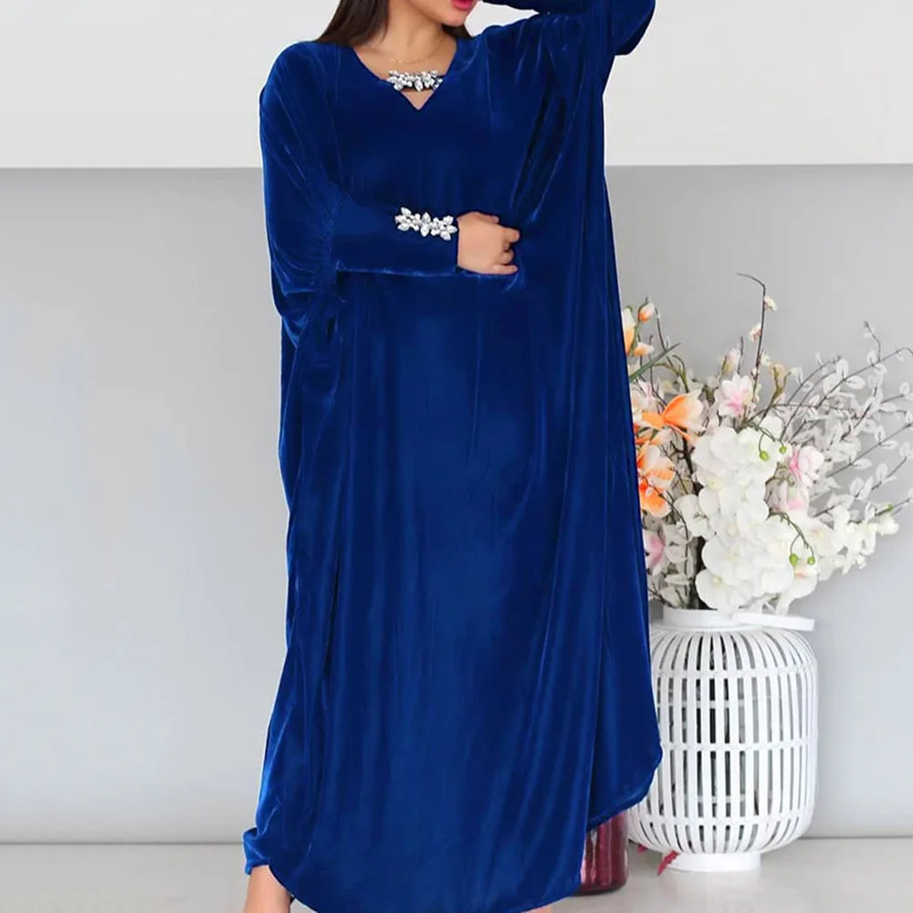 

Muslim Plus Size Dress Spring Autumn Fashion Loose Simple Designer Thin Best Sellers Diamond V-neck Bat Sleeve