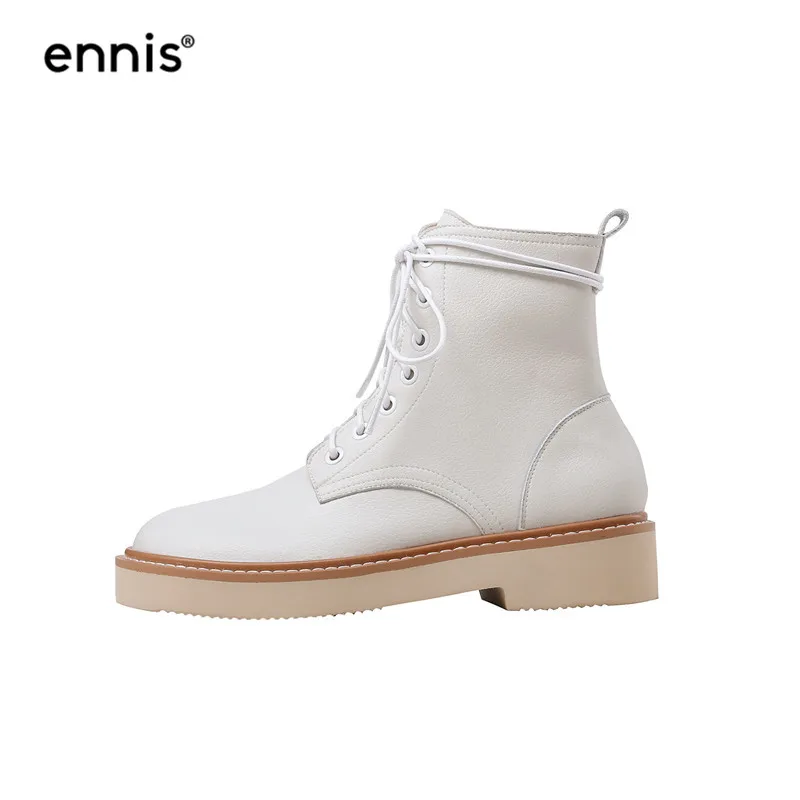 Beige Plush Inside ENNIS/брендовые Модные Ботинки martin на шнуровке женские ботинки из натуральной кожи ботильоны на платформе осенне-зимняя обувь с круглым носком A9277 - Цвет: Beige Plush Inside