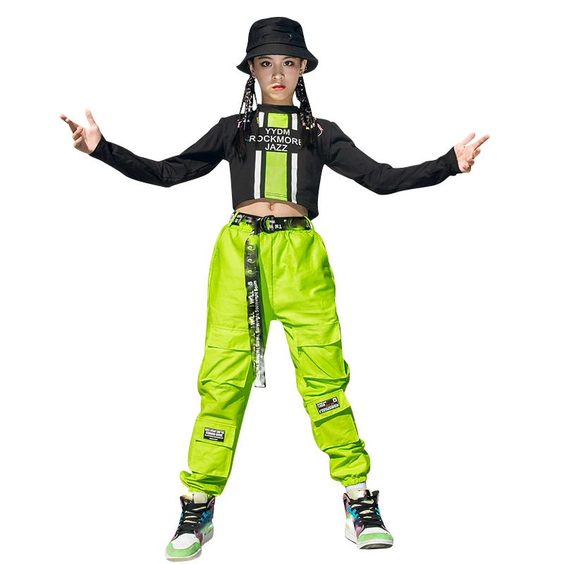 

2020 Hip Hop Modern Dance Costumes Girls Black Tops Fluorescent Green Pants Performance Practice Wear Stage Rave Clothes