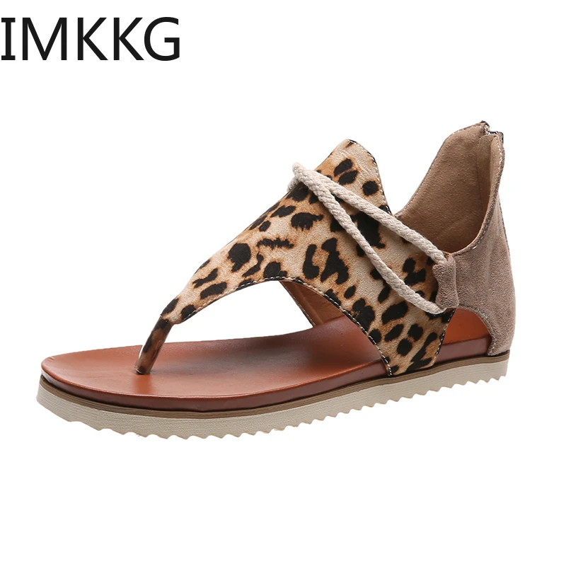 Сандалии женские с леопардовым принтом пляжная обувь кожаные