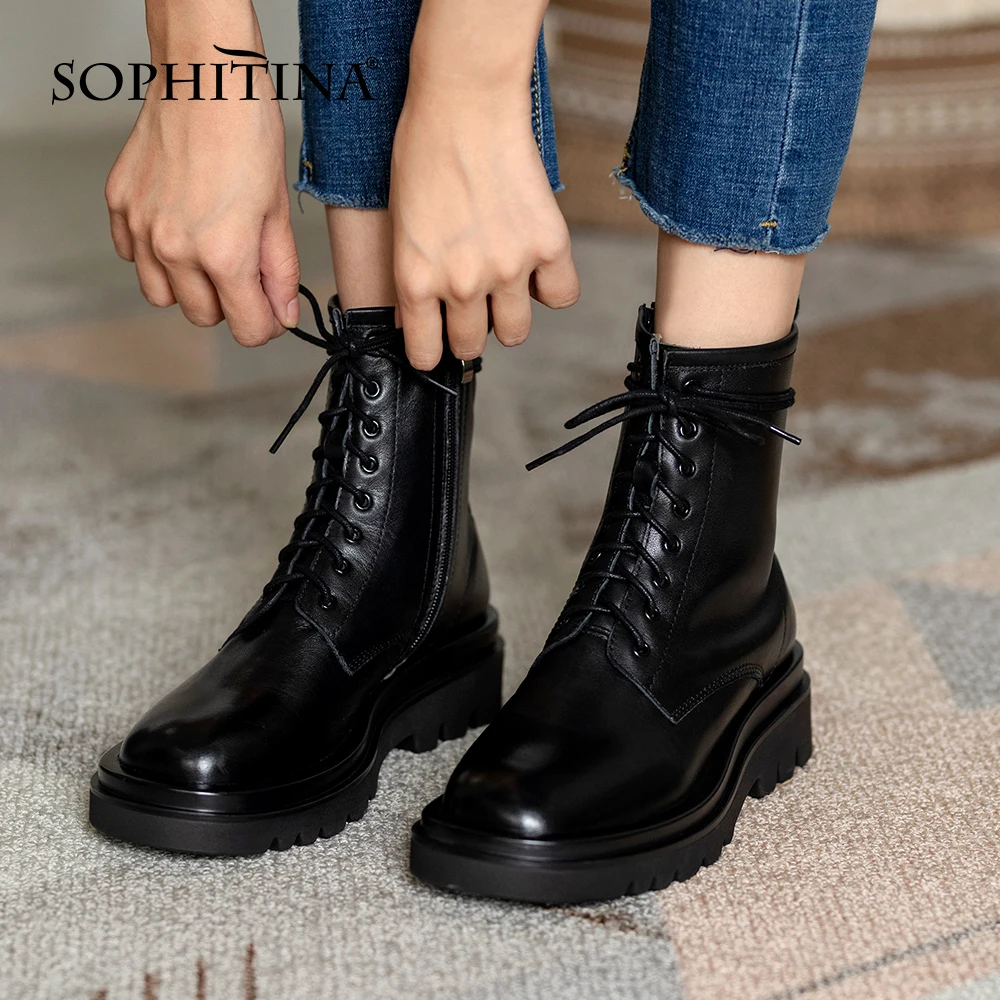 

Ботинки женские из натуральной кожи, на толстой плоской подошве, с круглым носком, DO928