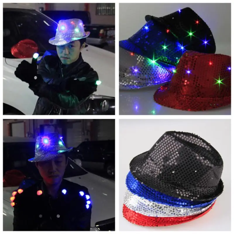 

Children Adult Glowing LED Light Up Blinking Flashing Child Kids Sequin Party Hat Jazz Hat Cap Birthday Party Show Dance Wedding