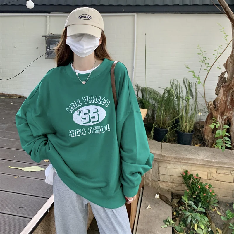 

Solid color round neck Hoodies loose Early autumn 2021 new Women's Clothing Lazy wind Letter printing Long sleeve Sweatshirts