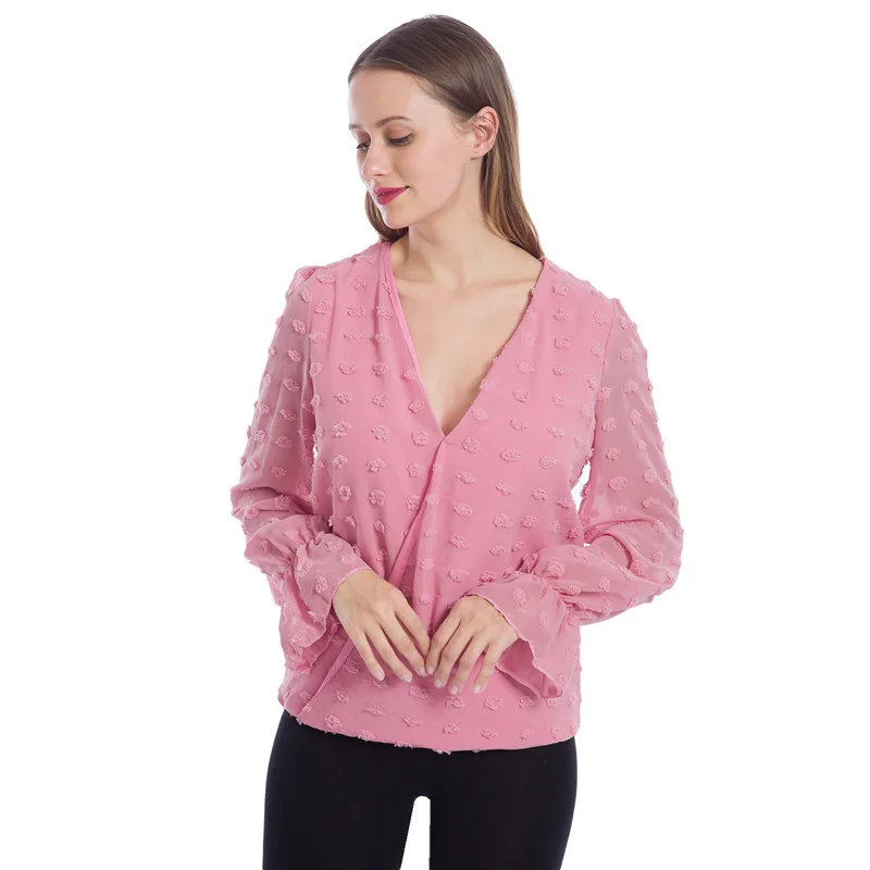 

Summer Fashion Women Deep V Neck Top White Jacquard Shirt Female Long Sleeve Chic Shirt Sexy Dot Solid Color Mesh Blouses