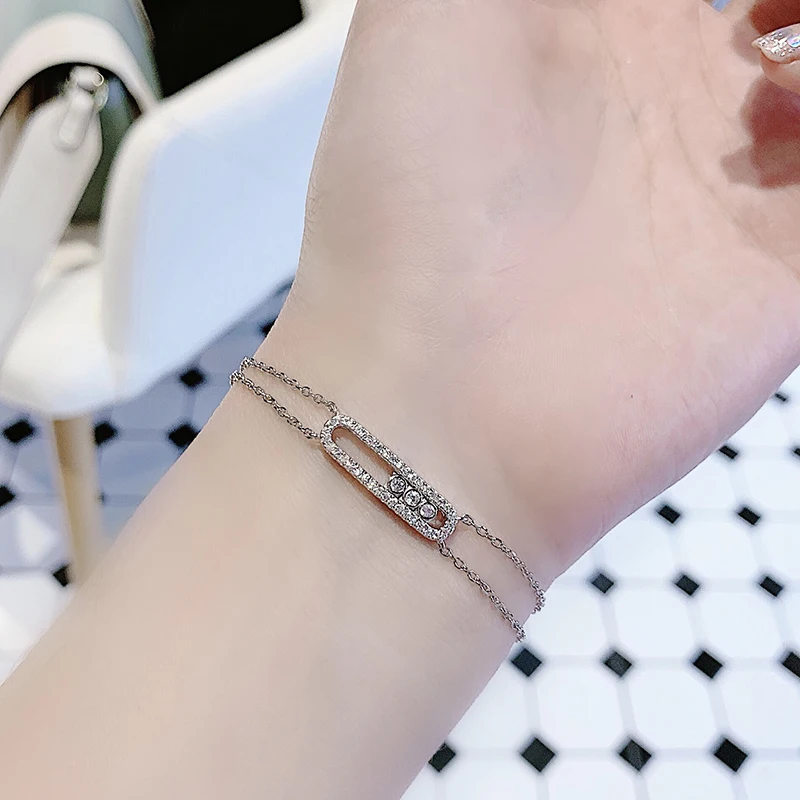 

Fashionable sterling silver scroll set with zircon bracelet sliding double chain bracelet smart female jewelry